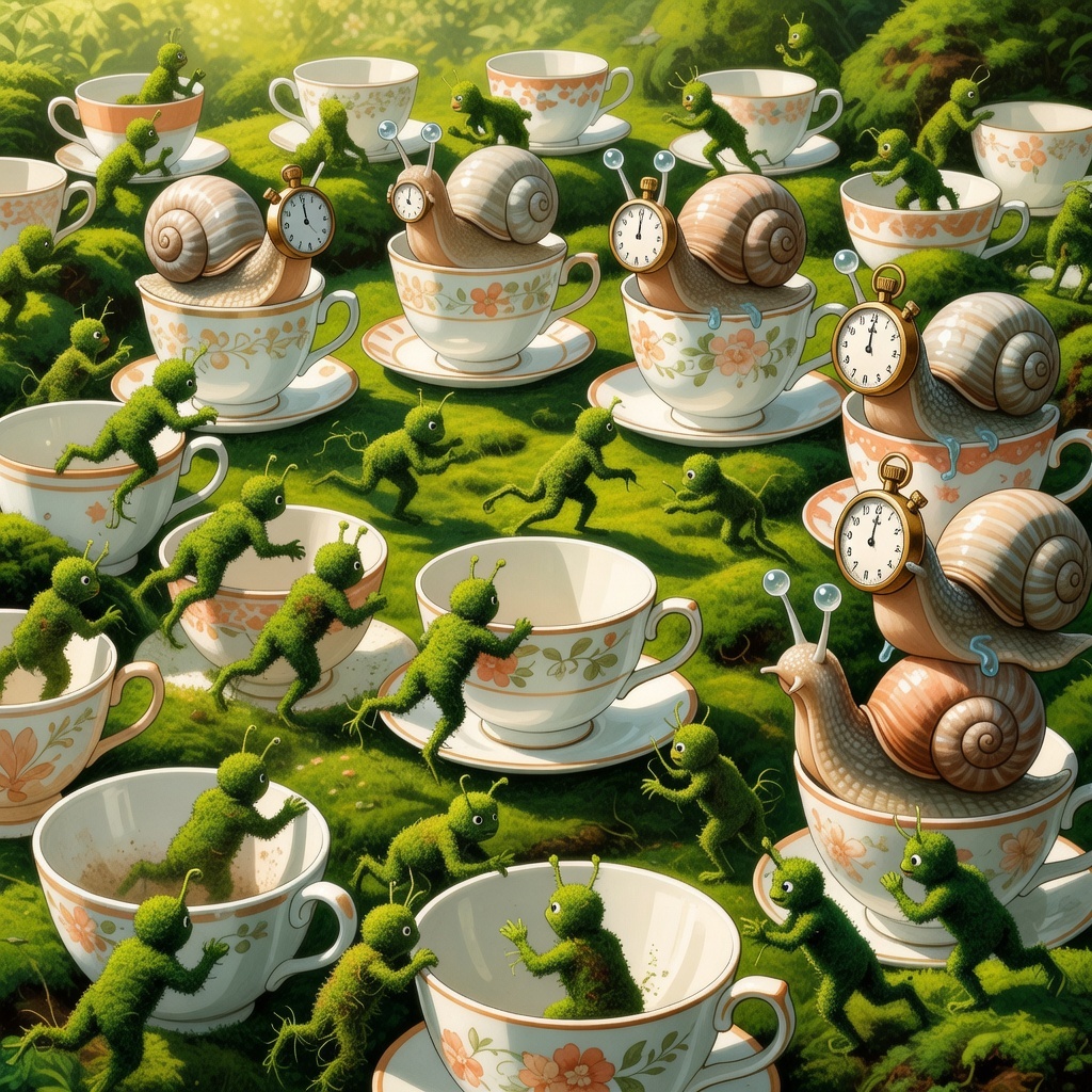 Athletic moss and snail referees competing around teacups
