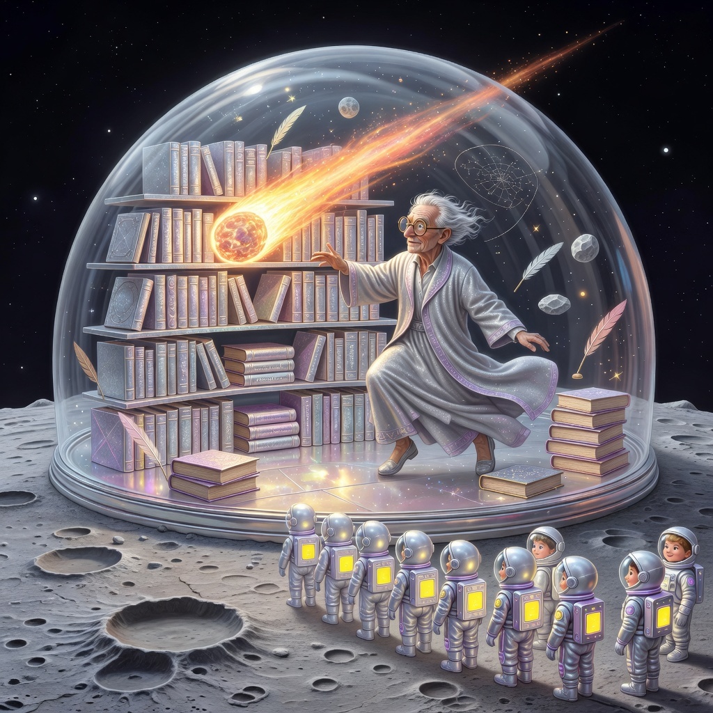 A lunar librarian accidentally shelving a comet among books