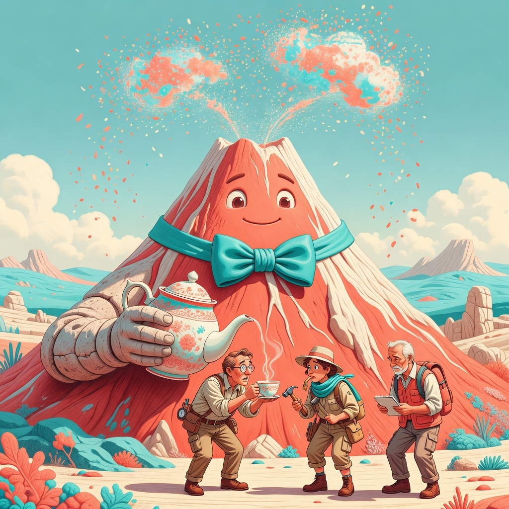 A bow-tied volcano serving tea to nervous geologists
