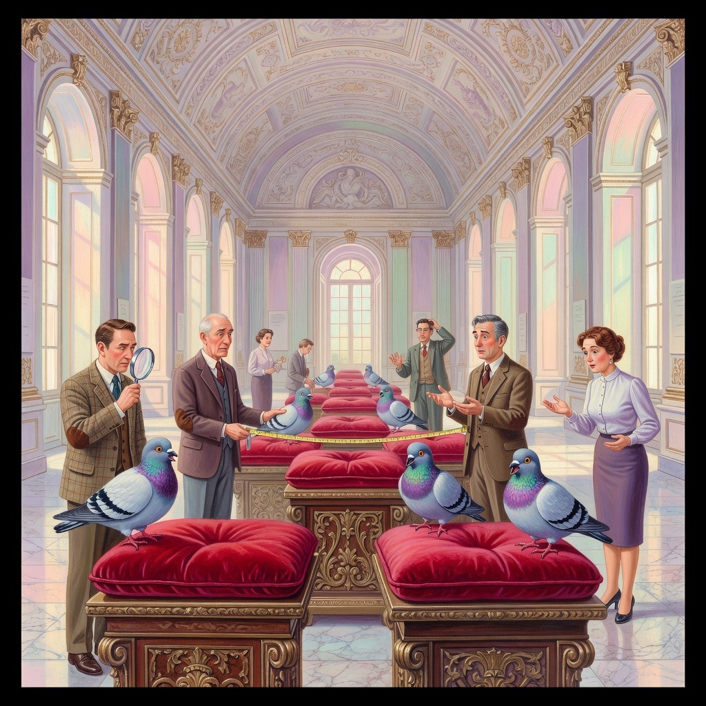 Museum curators displaying invisible sandwiches on ornate pedestals