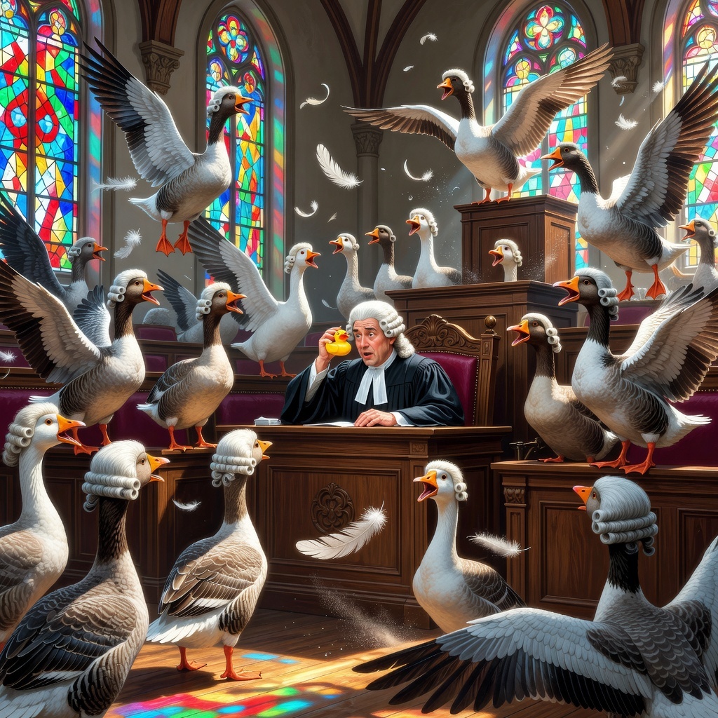 Furious geese in powdered wigs occupying a futuristic courtroom