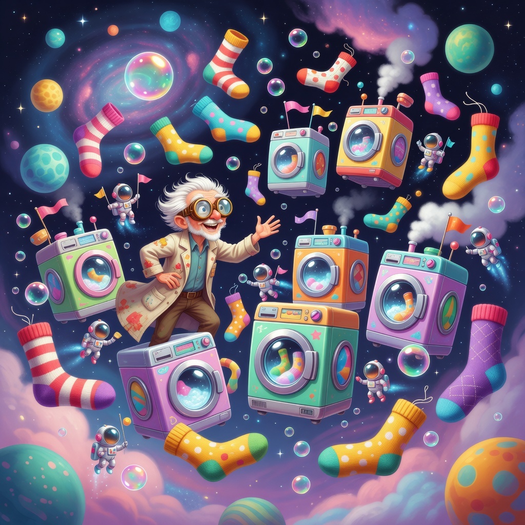 Professor Turnip surrounded by orbiting socks and space washing machines