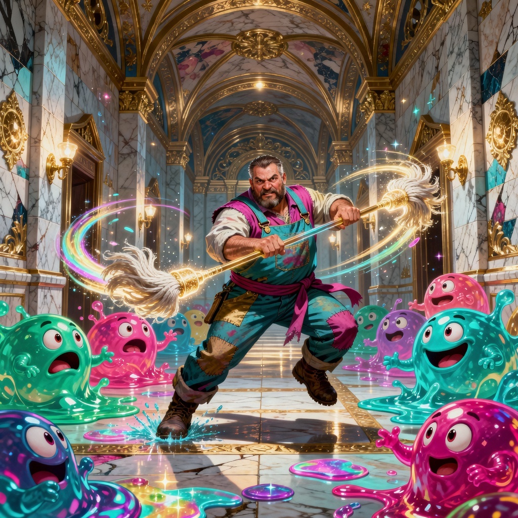 A dungeon janitor battling slime monsters with an enchanted mop