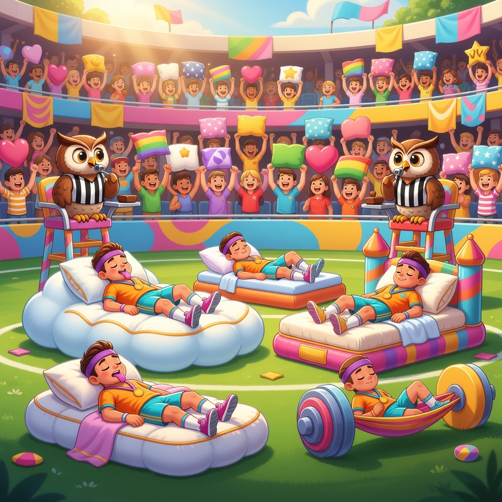 Napping athletes competing on elaborate beds in a sunny stadium
