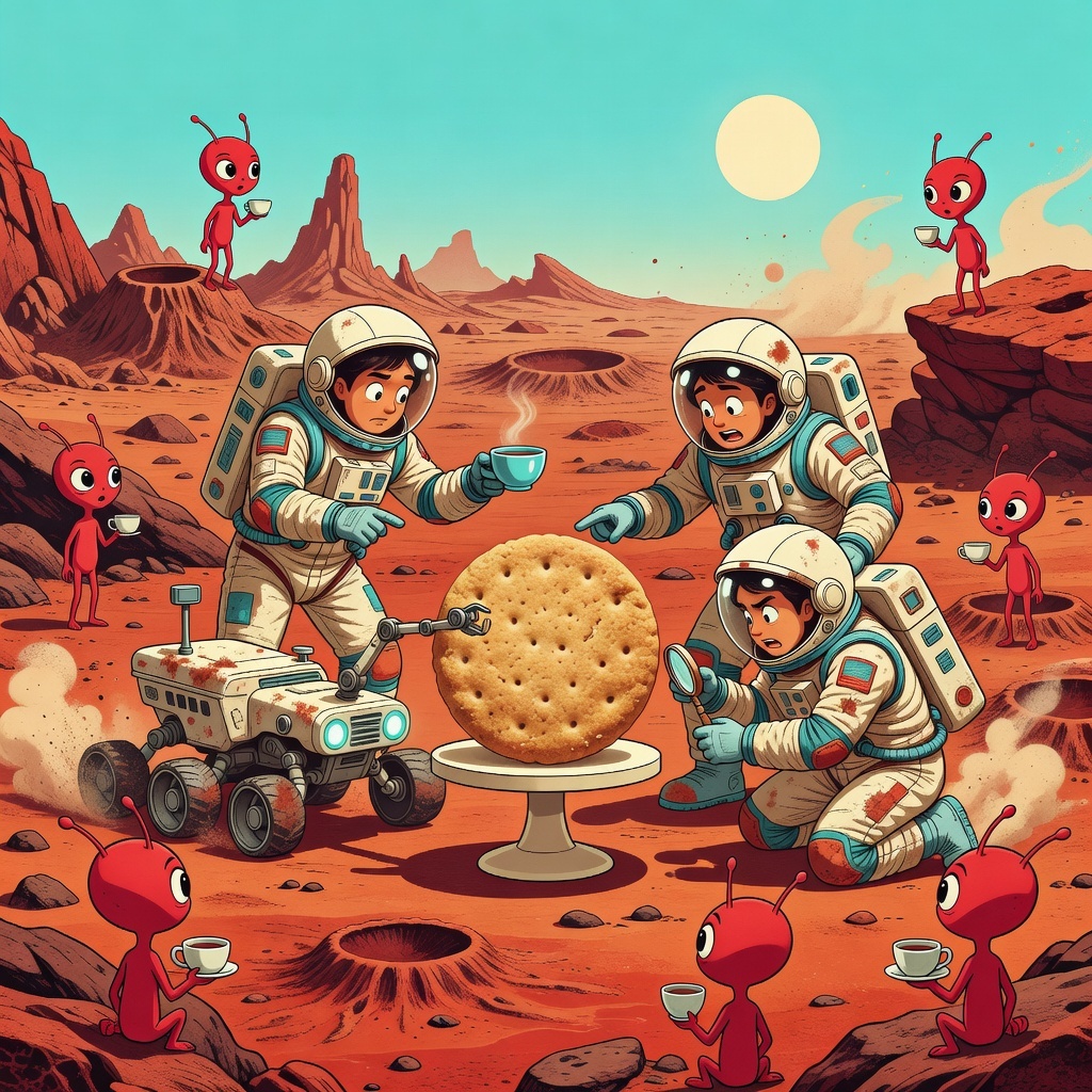 Astronauts and red aliens negotiating over the last biscuit on Mars