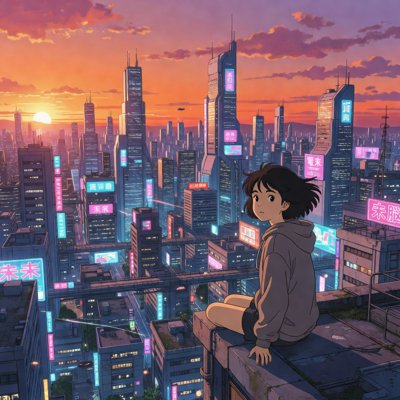 Neon Alley - A rain-slicked alley lit by neon signs, anime cityscape illustration.