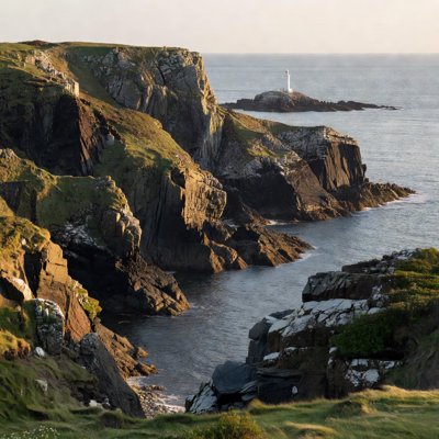 Atlantic Lighthouse - A small lighthouse on a rocky island, lit by late afternoon sun, calm grey sea.