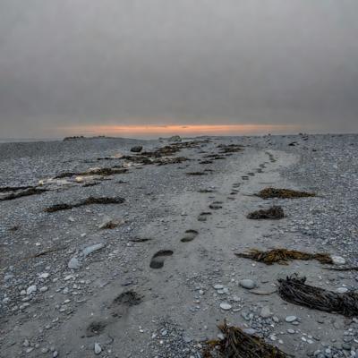 Winter Shingle - Pebble beach in winter, scattered seaweed, a single trail of footprints, thin band of sunset orange at the horizon.