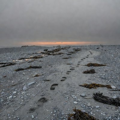 Winter Shingle - Pebble beach in winter, scattered seaweed, a single trail of footprints, thin band of sunset orange at the horizon.