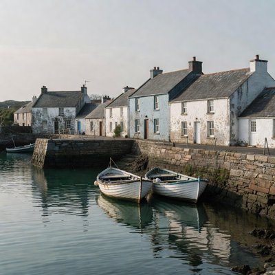 South-Coast Quay - Two small fishing boats moored at a stone harbour, slate-roofed cottages reflected in the dark green water.
