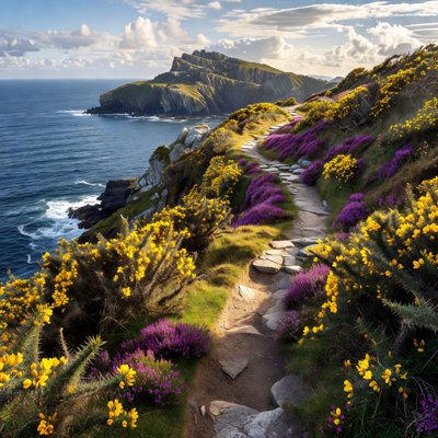 Clifftop Path - A summer cliff-top walking path through wild gorse and heather, curving toward a distant headland.