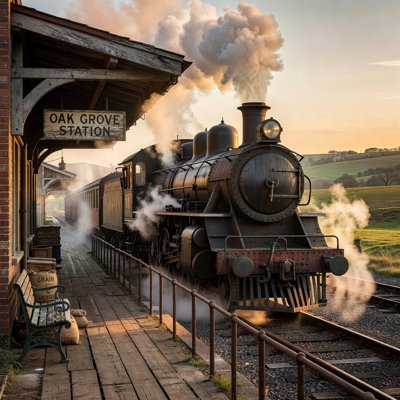 Vintage Steam - A preserved steam locomotive ticking over at a heritage line, summer afternoon.